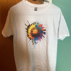 White Cotton Gildan T-Shirt | Sun Design | Size: Medium | Celestial | Whimsical